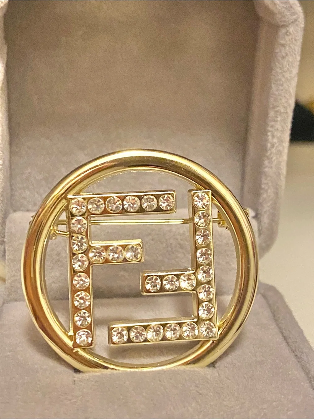 Fashion Jewelry Gold-Tone Crystal Logo F- Luxury Brooch Small